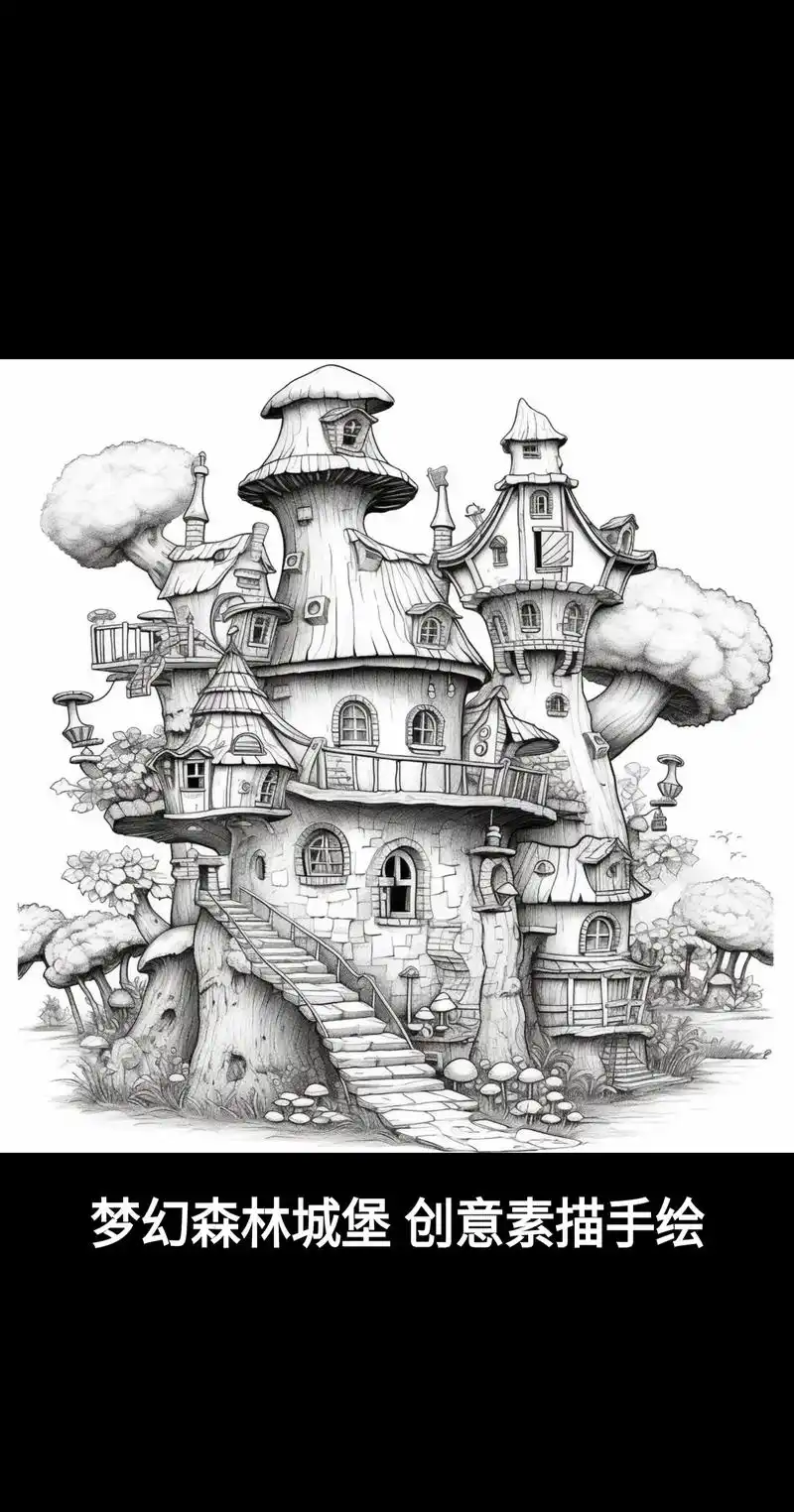 梦幻森林城堡创意素描手绘