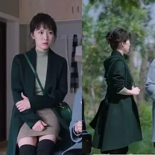 欧韩都挺好朱丽李念明星同款墨绿色呢子大衣修身中长款秋冬外套女