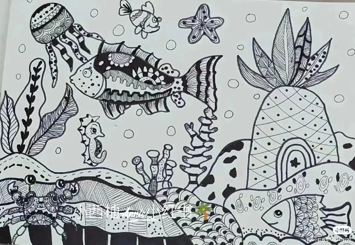 打卡第2天——海底世界.#一起学画画 #画画打卡 #黑白线描 - 抖音