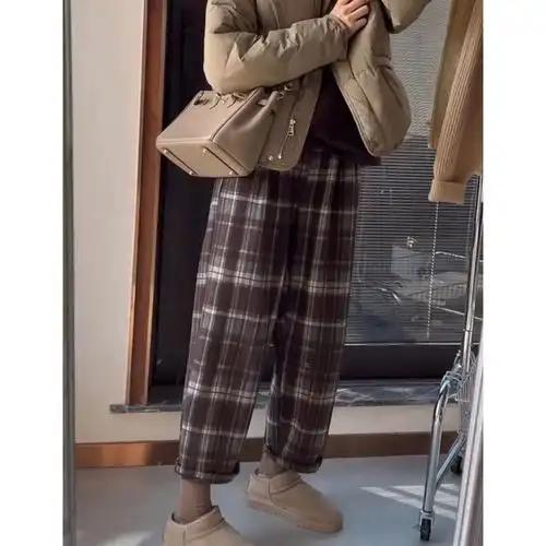 加绒毛呢格子裤女秋冬新款美拉德保暖休闲显瘦百搭哈伦裤老爹裤 - 17