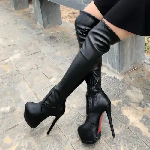 16cm15厘米米细跟恨天高过膝长靴小码漆皮狐狸时装靴