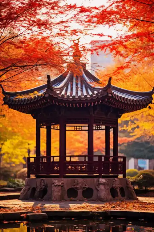 石桥浪漫风景唯美壁纸古风水墨山水插画海报地产背景湖水亭子中国风