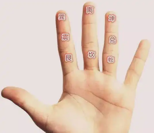 八卦有先天八卦和后天八卦之分,常用的是后天八卦,以左手为例,后天