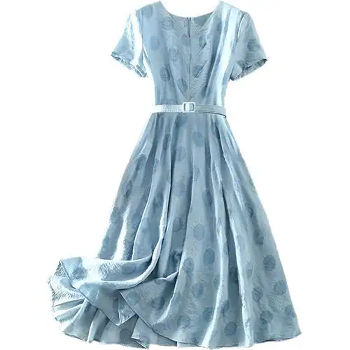 优雅高端女装波点印花天丝连衣裙清仓夏季中长款修身新款显瘦短袖