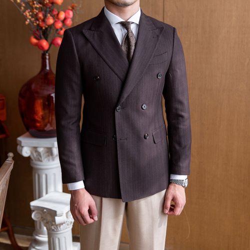 鹿三先生男士宴会通勤双排扣大气修身高端西装外套英伦复古西服潮