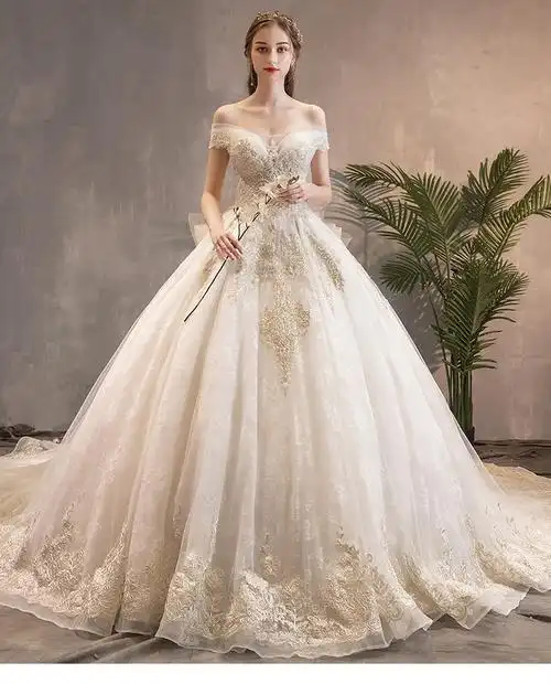 主一字肩婚纱2021新款新娘气质拖尾女大码孕妇高级法式轻出门2022