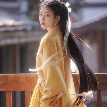 筱艳汉服女超仙黄色飘逸县仙女古装民族舞蹈演出服大袖衫纯色齐腰襦裙