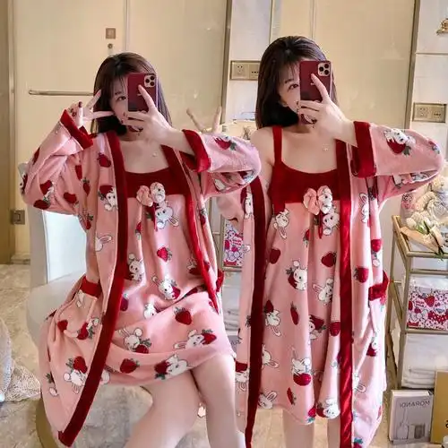 长袖冬珊瑚绒吊带睡衣裙中长款睡裙家居服法兰绒秋冬季睡袍女新款