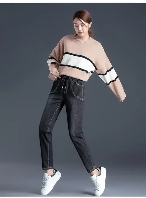 女士牛仔裤宽松高腰黑色松紧腰哈伦裤秋款裤子个性休闲老爹萝卜裤