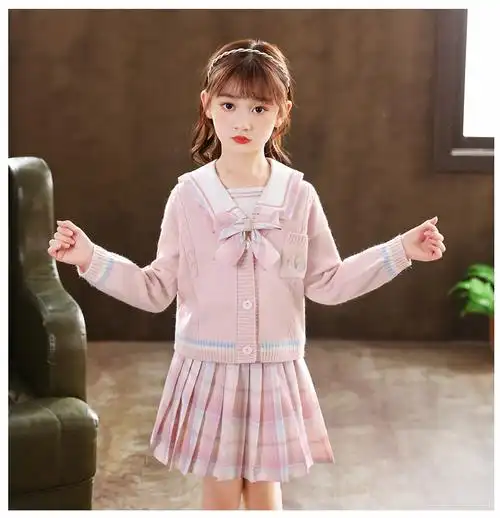 迪士尼disney女童jk套装裙秋冬校服小学生学院风毛衣开衫儿童百褶裙三