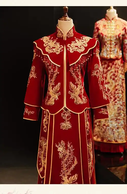 中式结婚礼服新娘新郎唐装秀禾服新款秋冬季结婚敬酒礼服中式婚纱龙凤