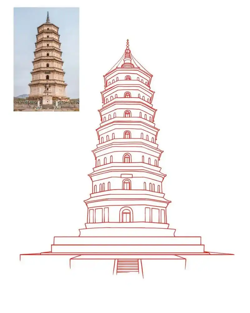 国风元素线稿练习62/100|古建筑塔 这段时间会接着之前没有画完的国风