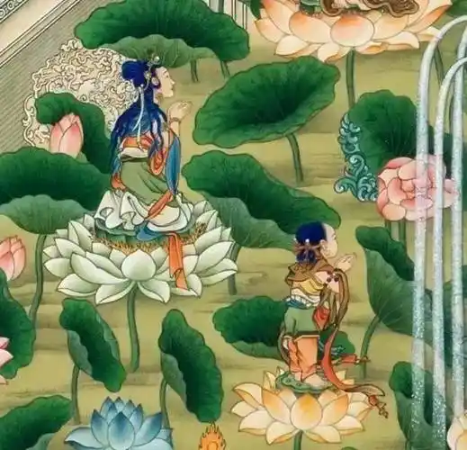 在丁观鹏的《极乐世界庄严图》中,盛开的莲花与佛陀的手势交相辉映