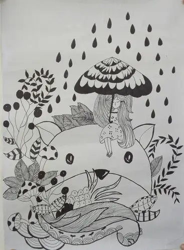 学生组作品欣赏:七年级  陈晓怡  《雨中少女情》.