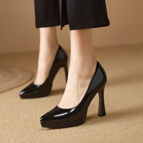 凡疆裸色气质婚纱防水台高跟鞋尖头粗跟优雅通勤10cm漆皮模特走秀鞋女