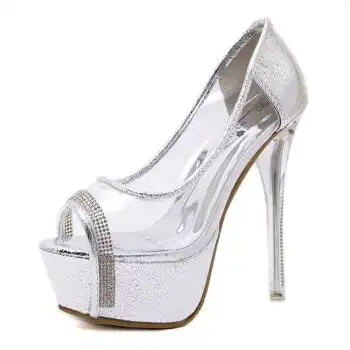 细跟14cm超高跟鞋女2017新款银色恨天高欧美t台走秀透明高跟凉鞋 银色