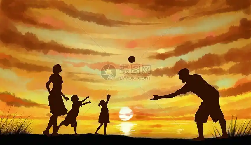 夕阳下的一家四口