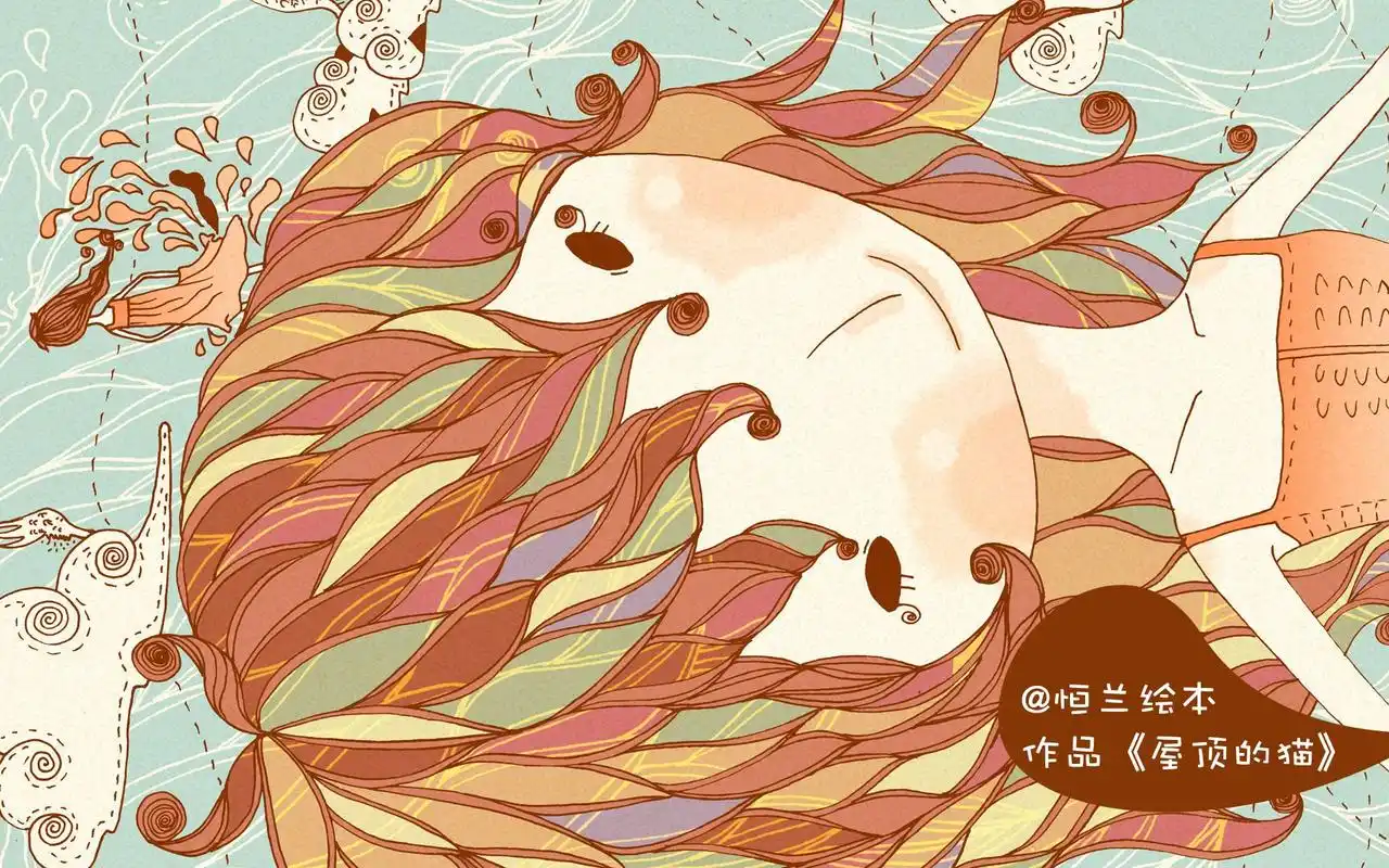 屋顶上的猫手绘高清电脑桌面壁纸
