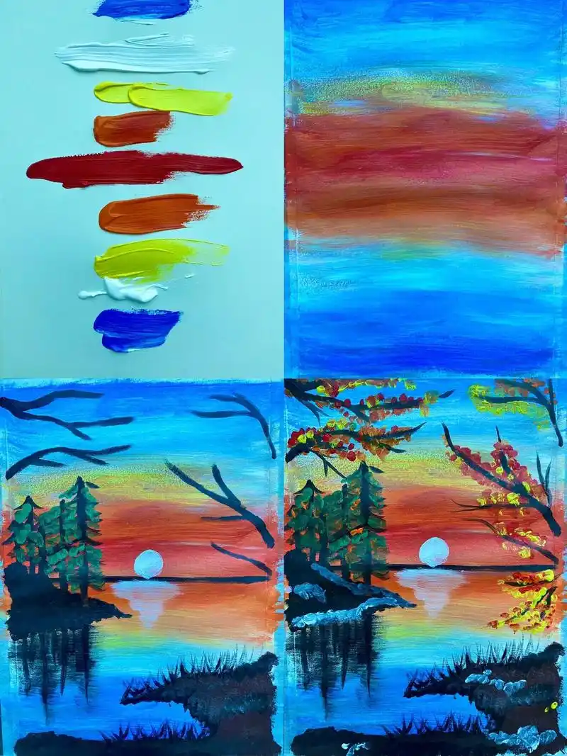 儿童画 水粉—《夕阳》#画画 #水粉 #绘画过程 #夕阳 # - 抖音