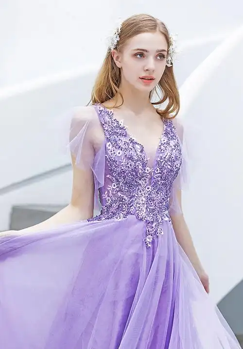 天使嫁衣气质名媛紫色新娘结婚敬酒宴会年会订婚礼服