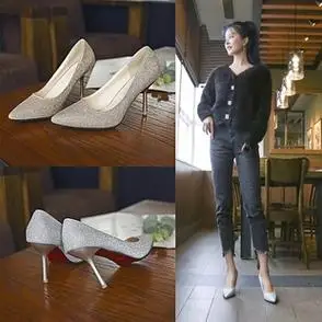 水晶伴娘新娘婚鞋银色尖头高跟鞋女金色细跟渐变亮片中跟单鞋同款