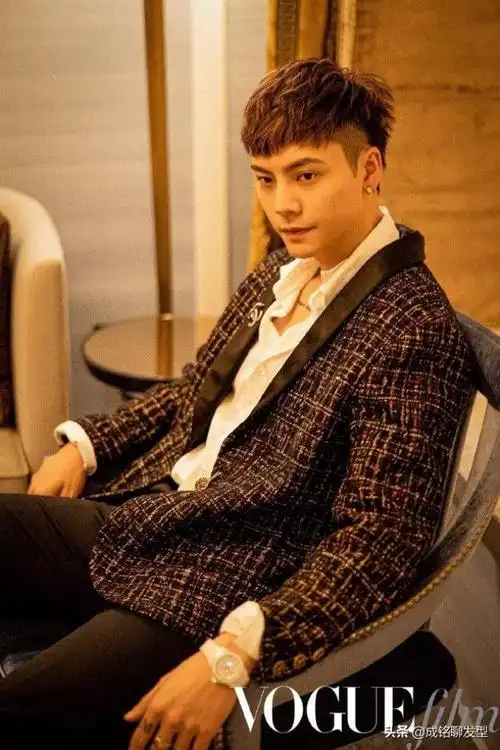 67陈伟霆的这款发型沿袭了港风的一贯风格,铲青的鬓角以及不连接的