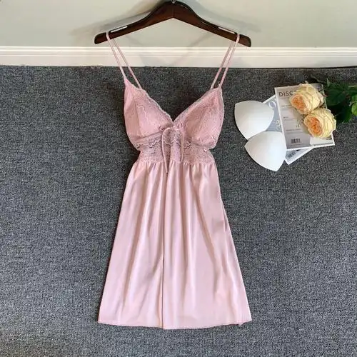 睡衣女夏季性感吊带睡裙蕾丝花边带胸垫纯欲风冰丝少女家居服睡裙