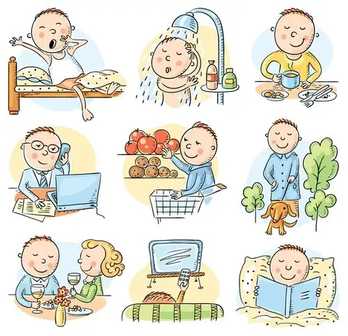 卡通,男人,日常生活,日常,活动,倾斜