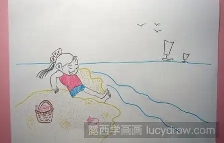 高清看图好啦,海滩捡贝壳的小女孩儿童画就分享完了,去过海边游玩的小