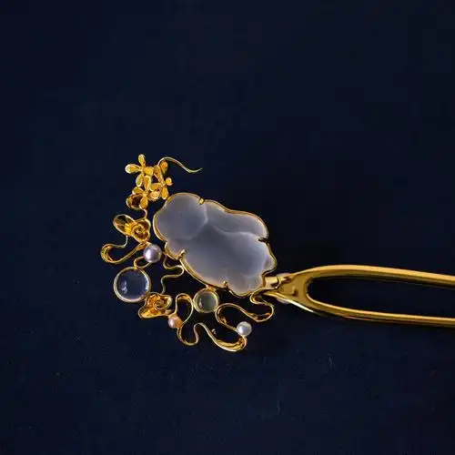 云水光中s925银镀金兔子桂花亭子流苏簪子步摇