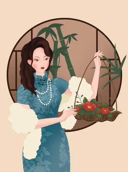 唯美民国风女生提花篮插画