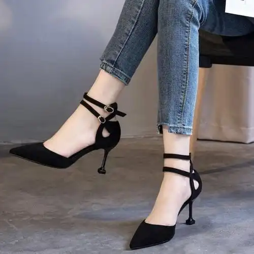 新款尖头一字带高跟鞋女细跟百搭黑色单鞋中跟少女工作鞋简翔