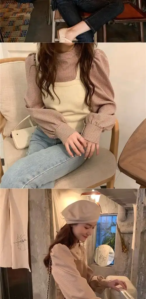 【抖音同款】冷淡风套装女2020春季甜系少女穿搭小个子衬衫叠穿两件套