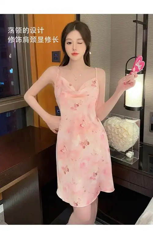 冰丝睡衣女夏季法式性感荡领吊带睡裙丝绸家居服2024新款纯欲风 - 17
