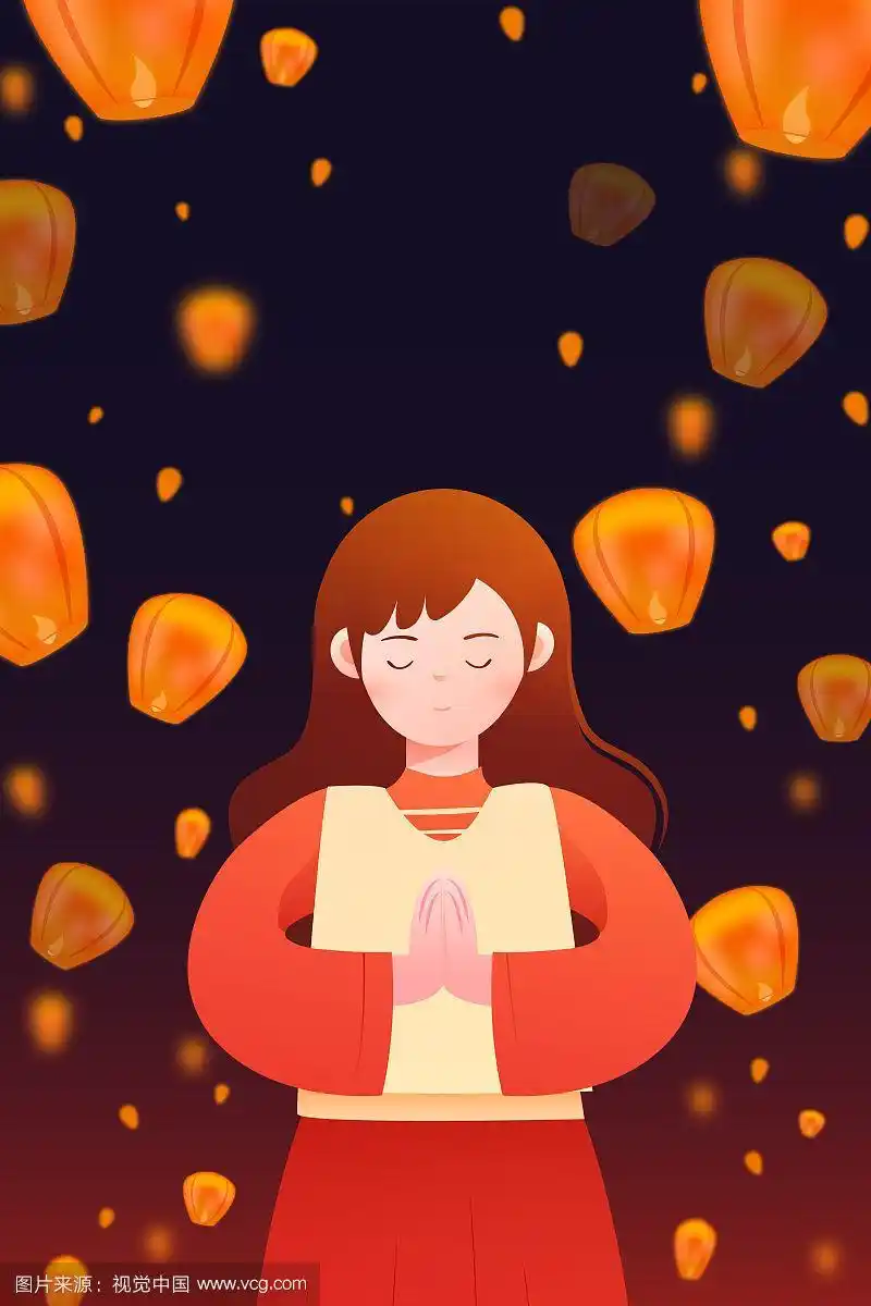 祈祷祈福少女祝福孔明灯背景矢量插画