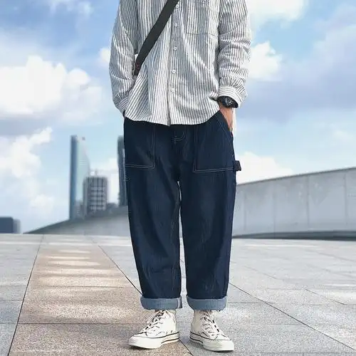 gmkd日系潮牌宽松直筒男士牛仔裤多口袋老爹裤陈冠希阔腿休闲裤子