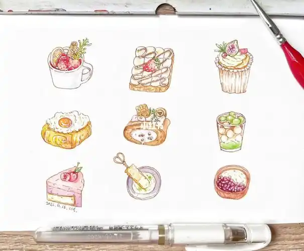 简简单单的甜点美食水彩颜料96:鲁本斯勾线笔:写乐美工钢笔水彩纸
