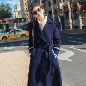 藏蓝色呢大衣女长款图片