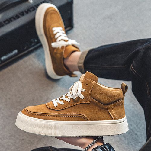 牛仔裤的男皮鞋搭配西裤的鞋子秋冬款新款加绒运动潮鞋真皮休闲 黄棕