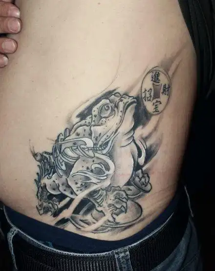 腰部黑白招财金蟾纹身图片tag标签:腰部金蟾男性彩绘半甲金蟾纹身图案