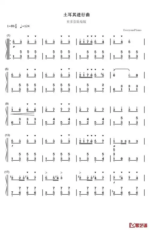 土耳其进行曲钢琴简谱-数字双手-贝多芬 ludwig van beethoven-琴艺谱