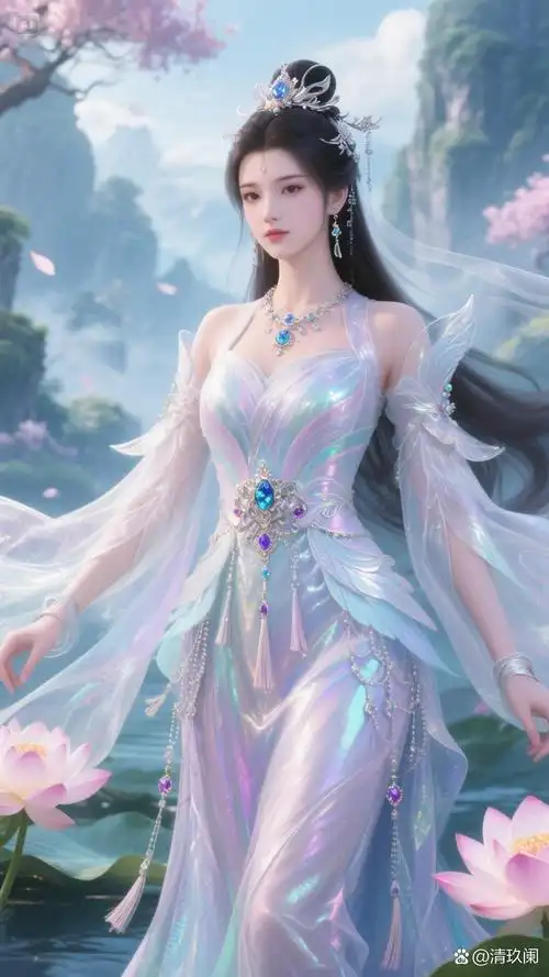 身旁粉荷绽着清甜,背后峰峦藏着幽秘,她是天地酿的
