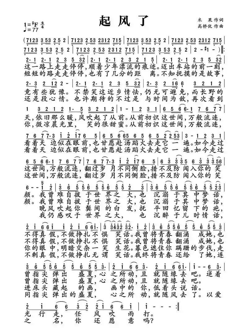 葫芦丝起风了简谱 好多喜欢葫芦丝的朋友问我要起风了的谱子,大家可以