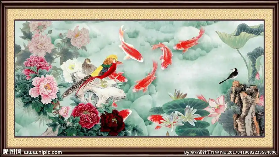 荷花九鱼图图片