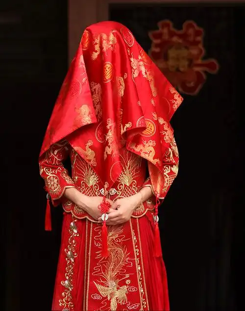 结婚礼红盖头新娘中式流苏秀禾服红色盖头蒙头巾喜帕婚庆用品花边圆喜