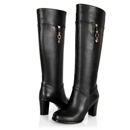 厂家直销2013欧美真皮牛皮骑士靴 方头粗高跟中筒靴 高筒靴长靴