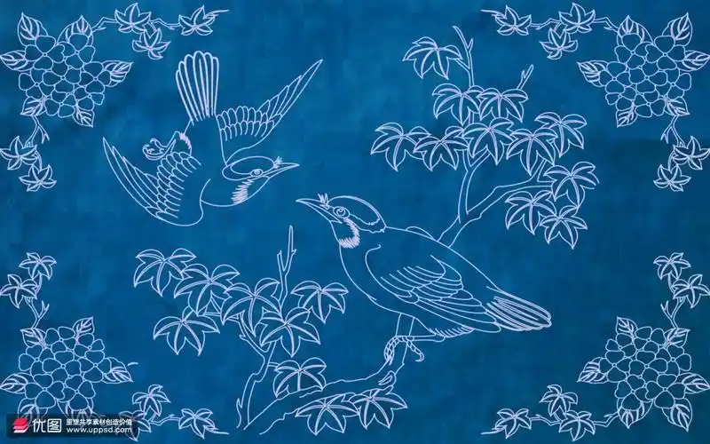花鸟图白色线条蓝色背景古风国潮电视背景墙