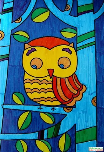 儿童绘画作品森林里的猫头鹰,水彩画_小鸭子儿童乐园littleducks.cn