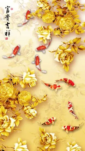 xt11135中式玄关金色牡丹花金鱼锦鲤鱼富贵吉祥寓意九鱼图