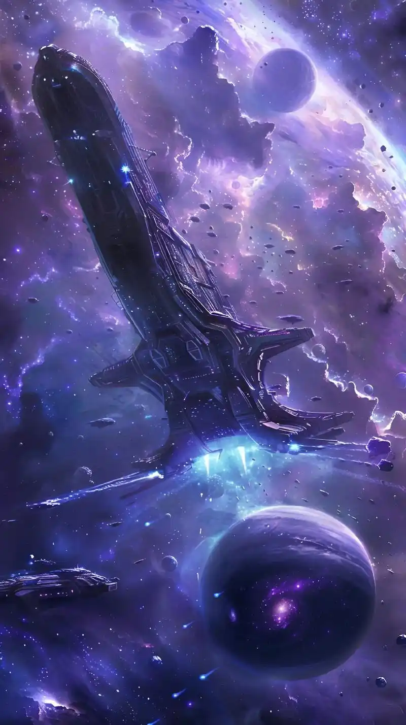 当科幻世界中的星际战舰和神秘的宇宙飞船在太空中相遇,星球间的 - 抖